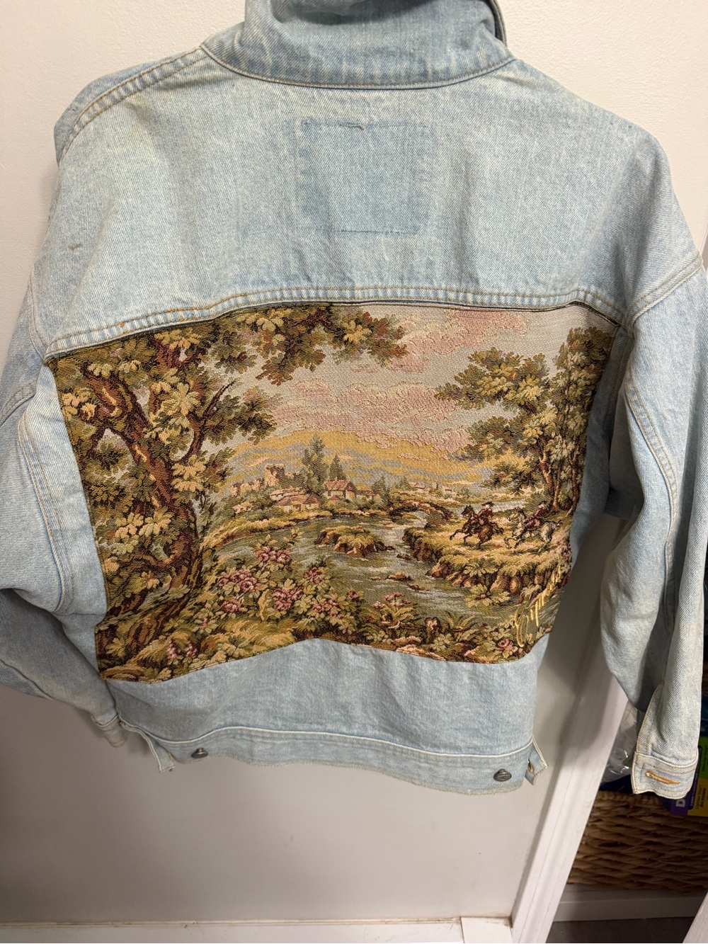 Light Blue Denim Jacket with Tapestry Landscape Panel
